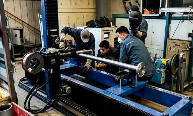 Orbital welding setup for a long loading arm pipe assembly