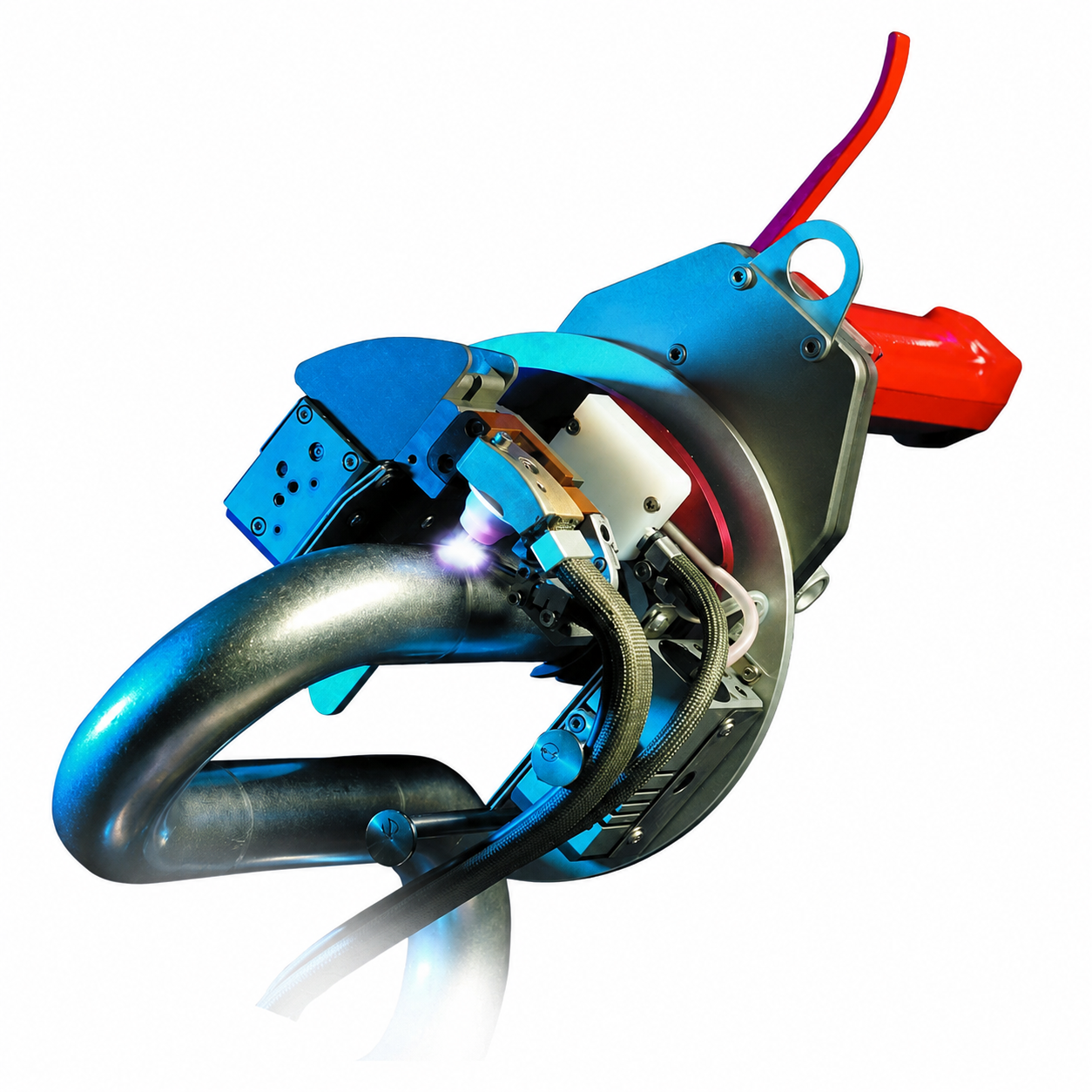 Open orbital TIG welding head positioned on a curved pipe