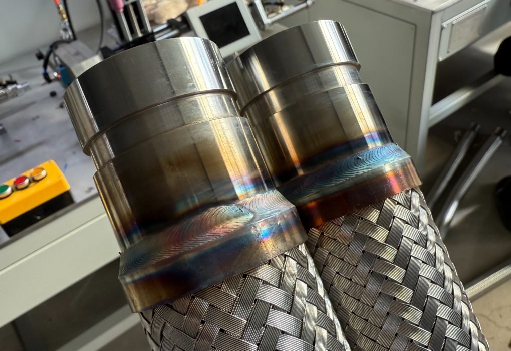 Trimmed stainless steel braided hose ends ready for welding
